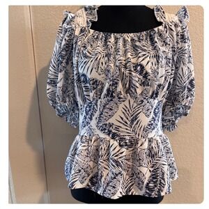 Sweet Rain 2XL Plus Tropical Leaf Peplum Top Puff Sleeve Open Back Boho